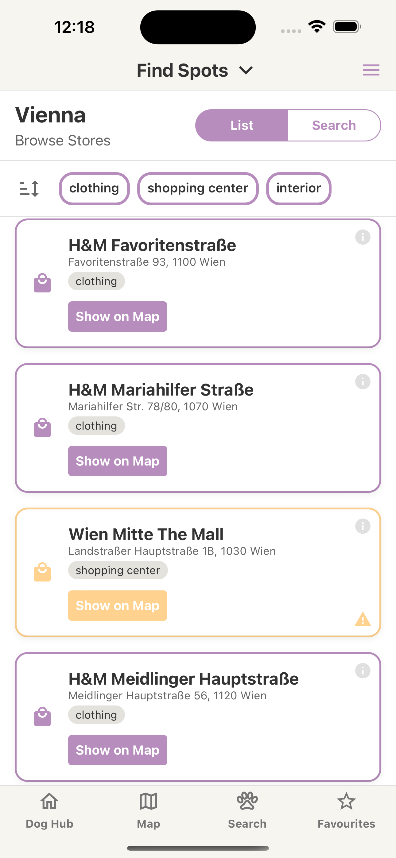 Stores List View showing dog-friendly shopping options in the app